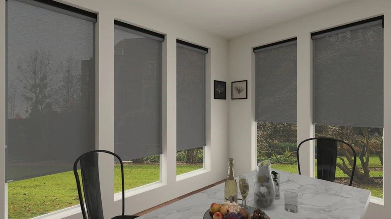 A group of windows covered with solar shades