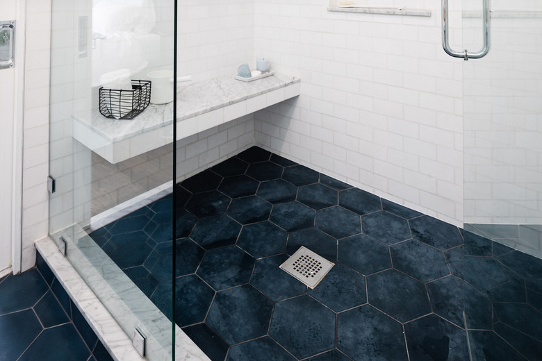 blue hexagon shower floor tile