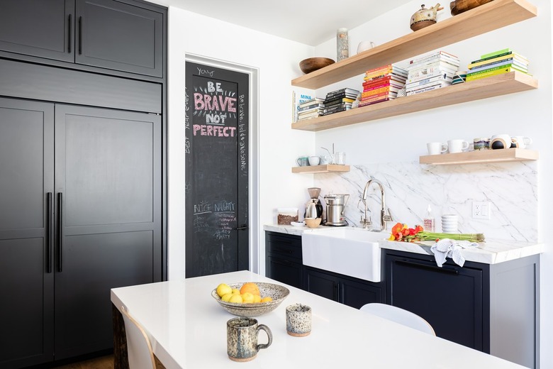 White-walled Kitchen with gray cabinets
