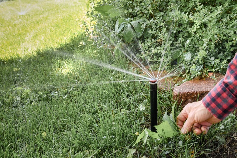 cleaning around sprinkler head after turning on sprinklers in spring