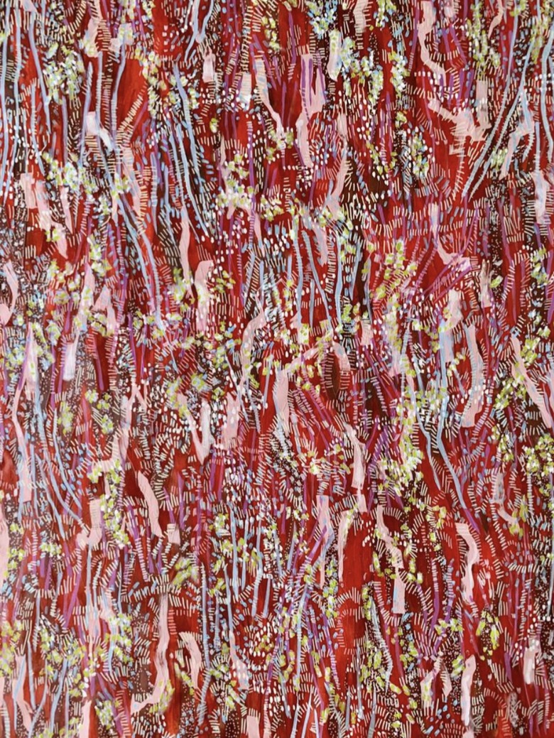 A layered piece featuring acrylic paint markings and splatters in pink