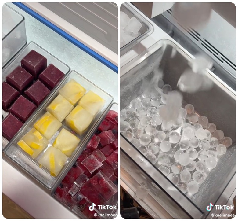fruit ice cubes and sphere ice cubes in freezer