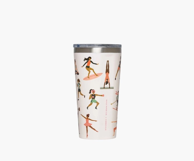 tumbler with illustrations of figures doing different sports