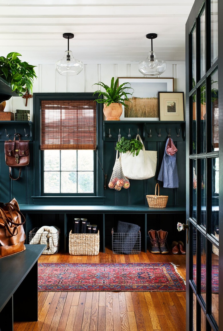 dark green farmhouse mudroom