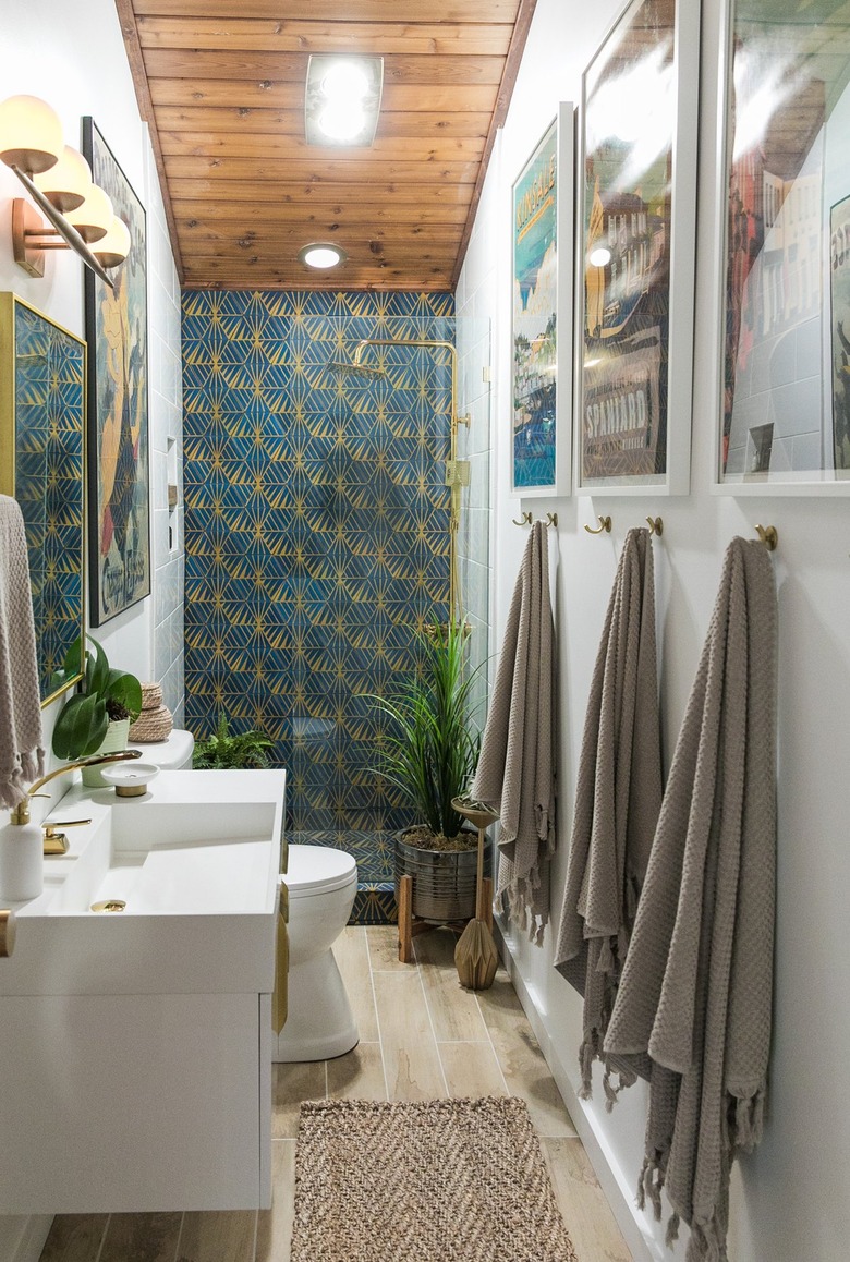 Ecclectic walk-in shower with wood panel ceiling treatment.