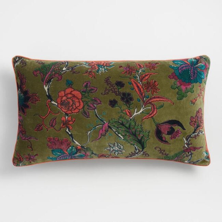 World Market Green Floral Lumbar Pillow