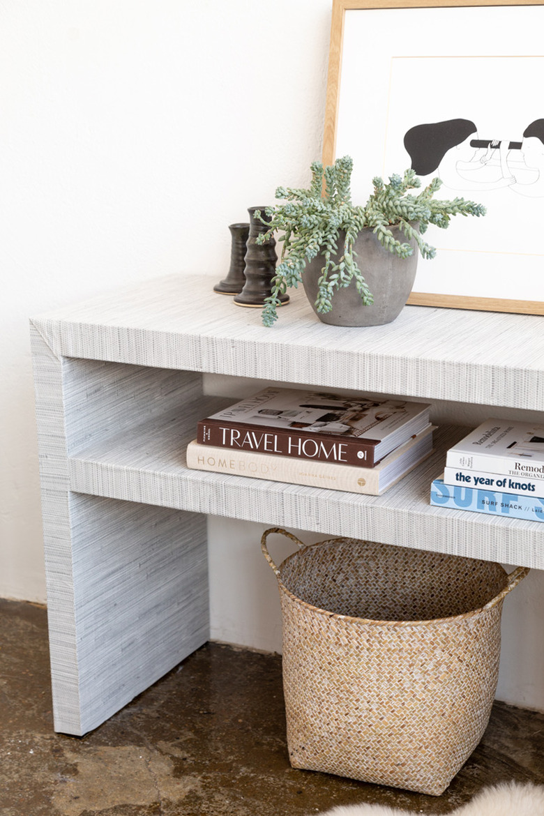 Ikea Hack grasscloth console table styled with books
