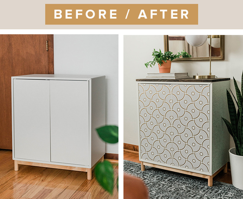 We used wallpaper and wood to make the IKEA Eket cabinet almost unrecognizable.