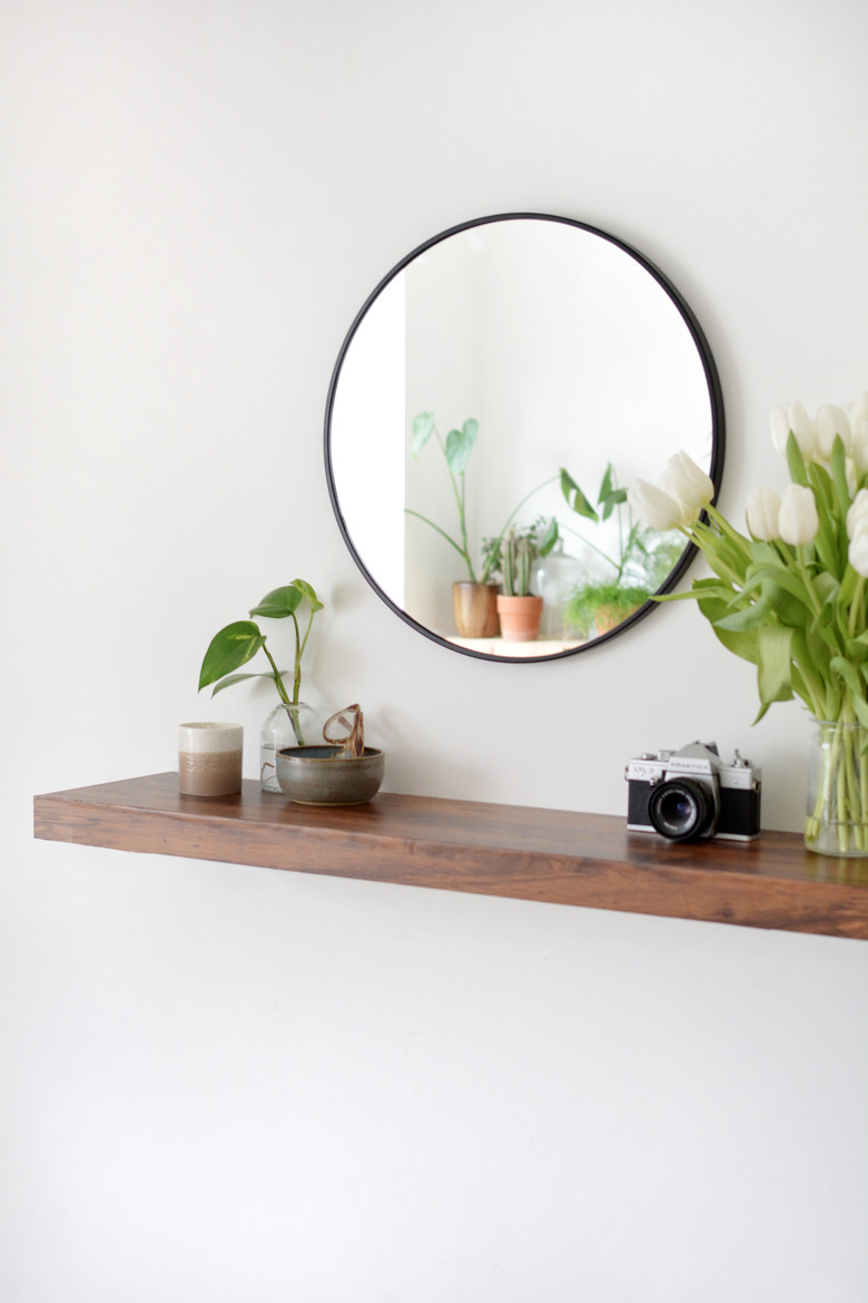 walnut floating shelf vase
