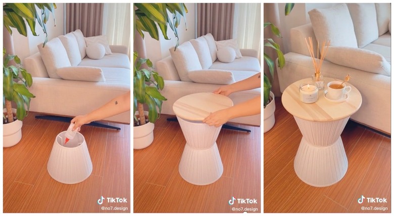 A three-pane image showing two white IKEA lampshades and a light wood Lazy Susan being turned into a living room side table topped with a candle and teacup.