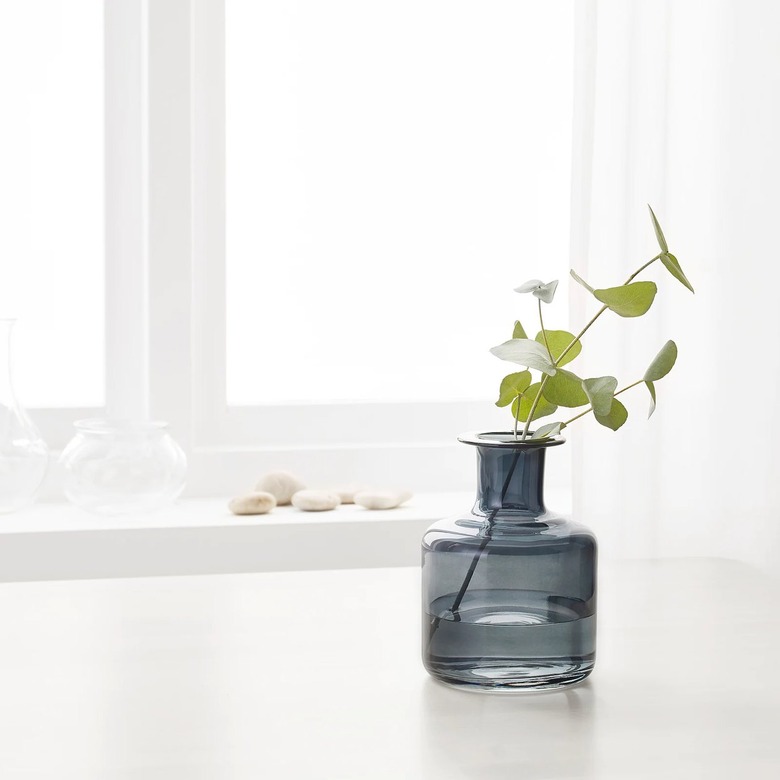 dark glass vase with green plant and white window in the background