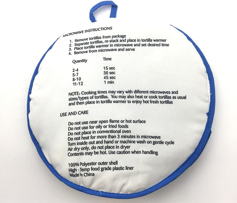 Microwave time chart on Imusa Tortilla Warmer