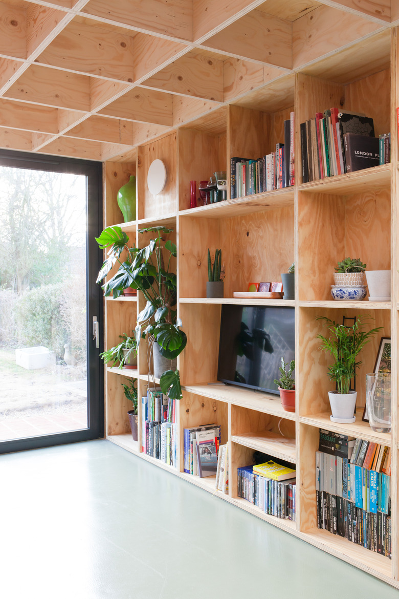 plywood shelf unit in living room