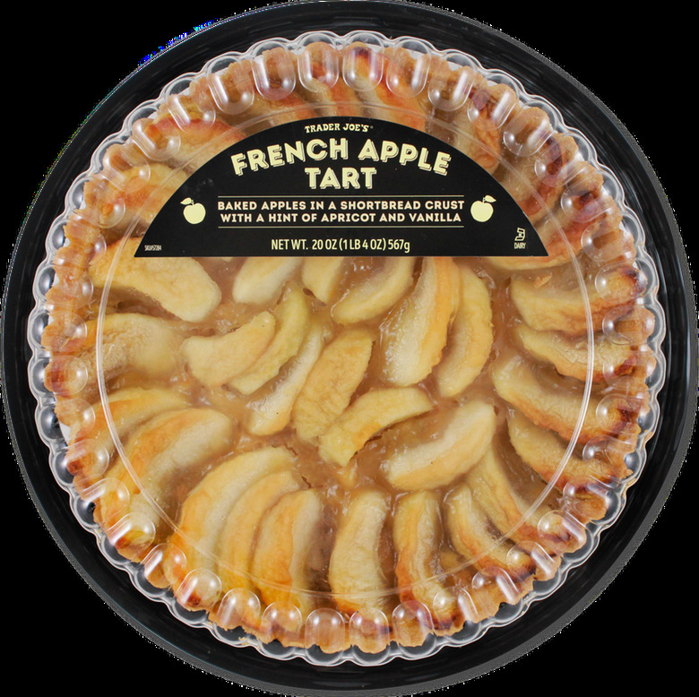 A Trader Joe's French Apple Tart. Yellow text against a black background reads