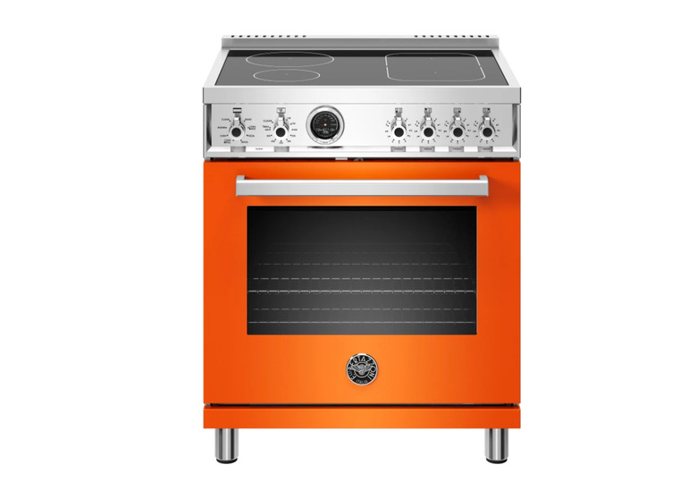 Orange induction stove with stainless steel details and smooth cooktop