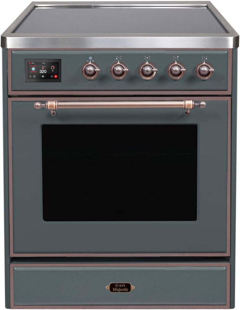 Blue and brass induction stove with single oven and knobs