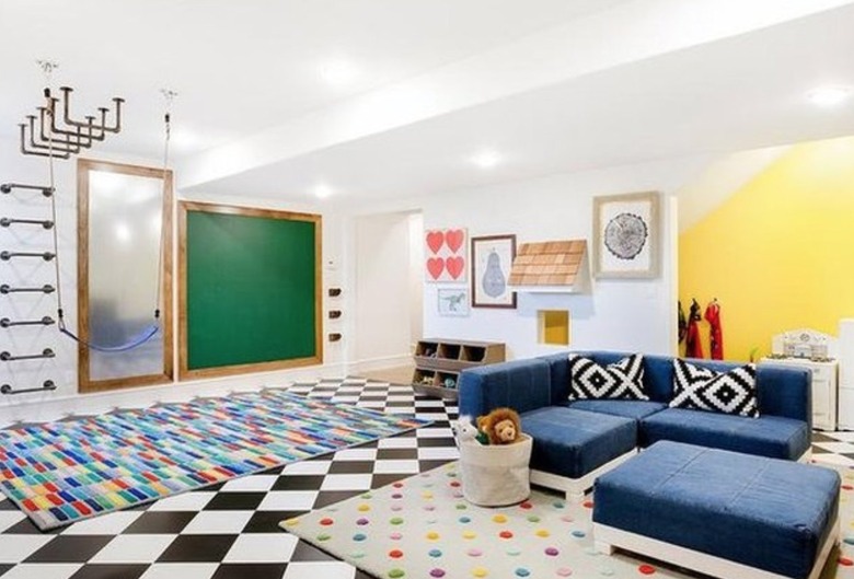 Basement playroom with colorful rugs