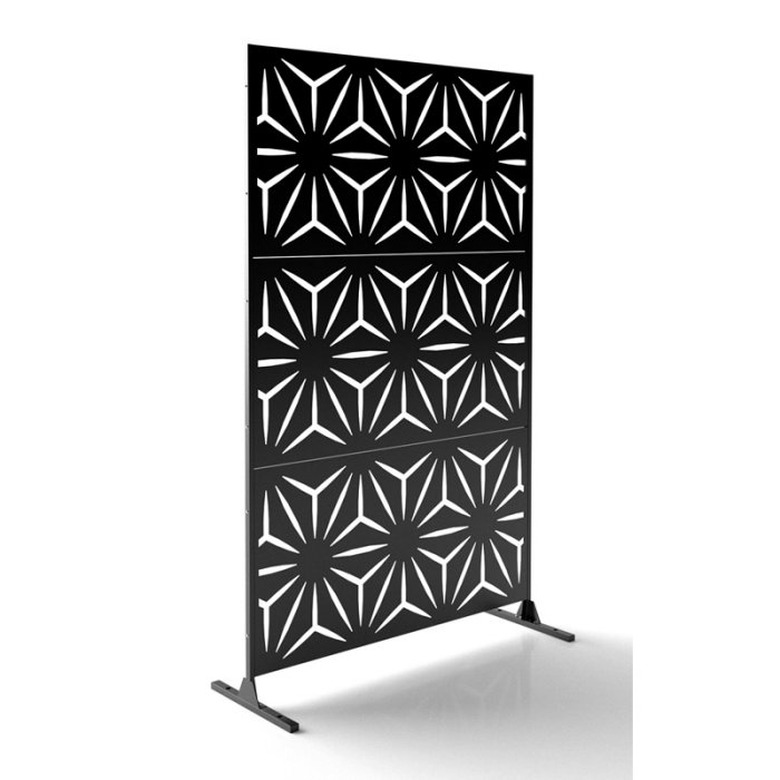 free-standing black privacy scren with modern star laser cut-outs