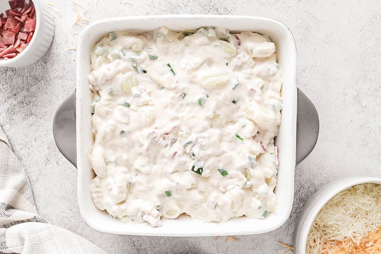 Gnocchi casserole in a square baking dish
