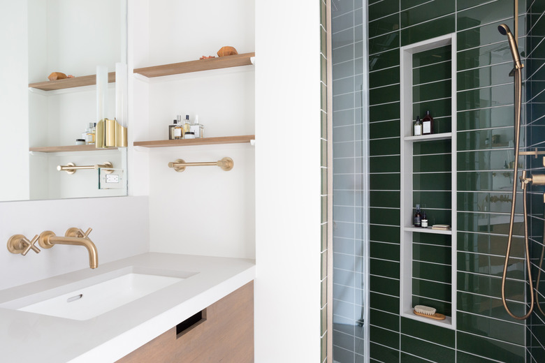 Master Bathroom with green subway tile