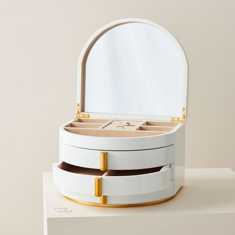 white jewelry organizer with mirrored lid