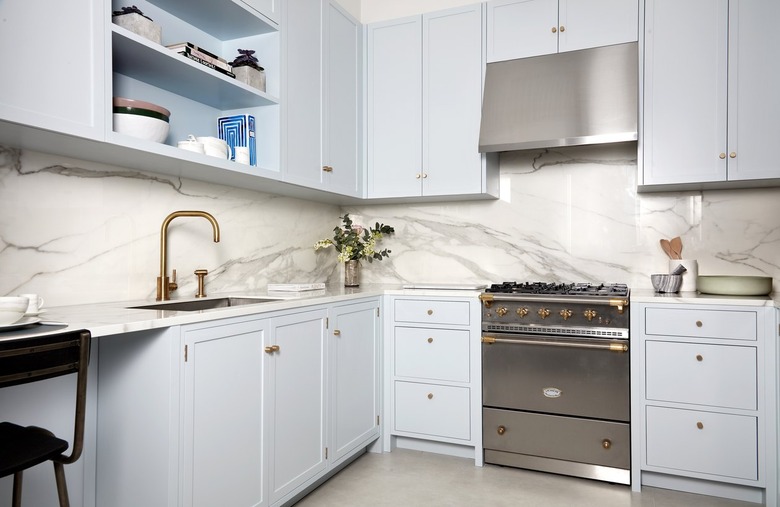 kitchen with light blue cabinets