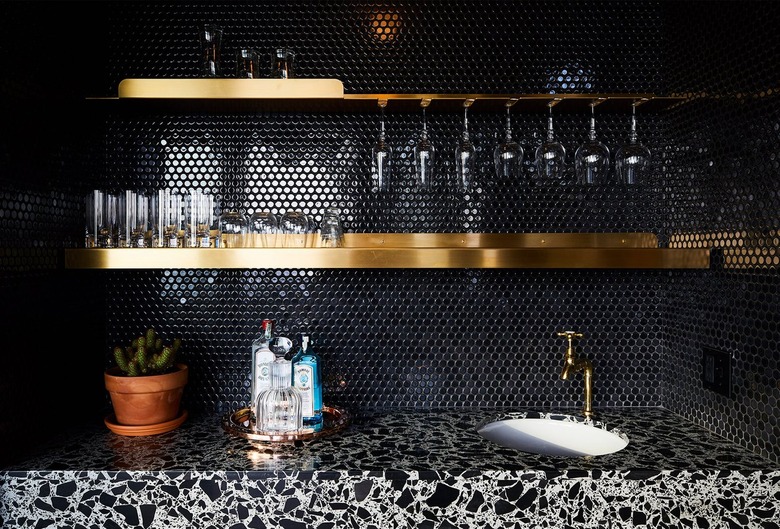 black penny tile mosaic backsplash