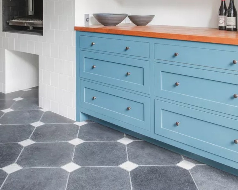 Kitchen with light blue cabinets