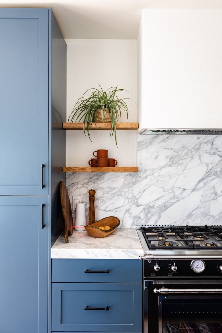 Kitchen with cornflower blue cabinets