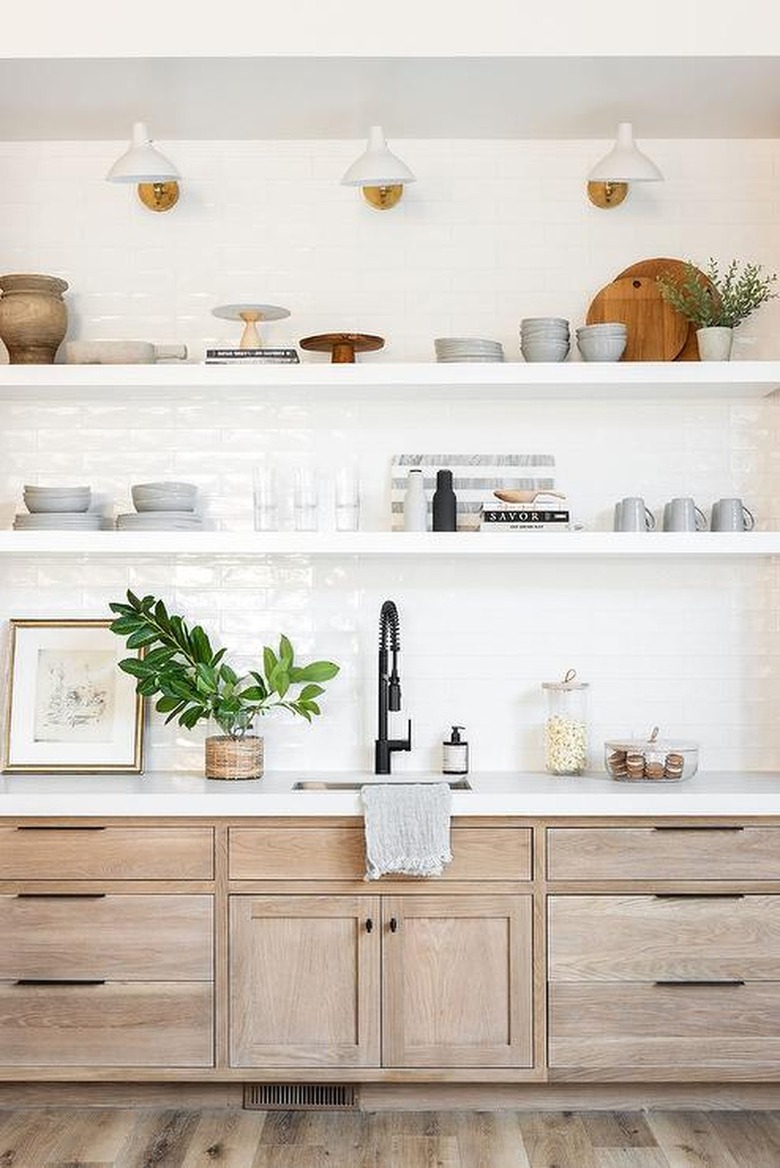 kitchen with light brown cabinets and light gray accents
