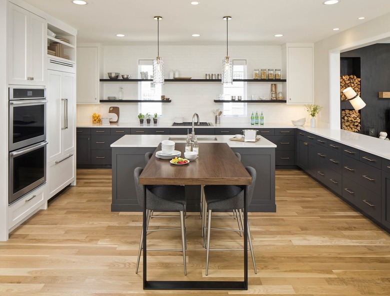 white and charcoal contemporary kitchen with charcoal and wood toned island