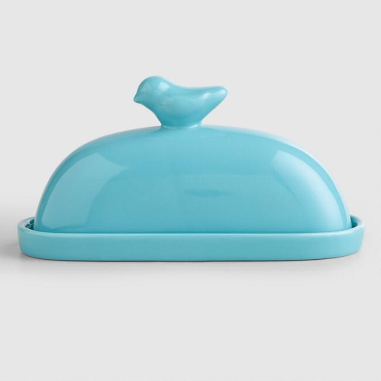 Blue butter dish with bird