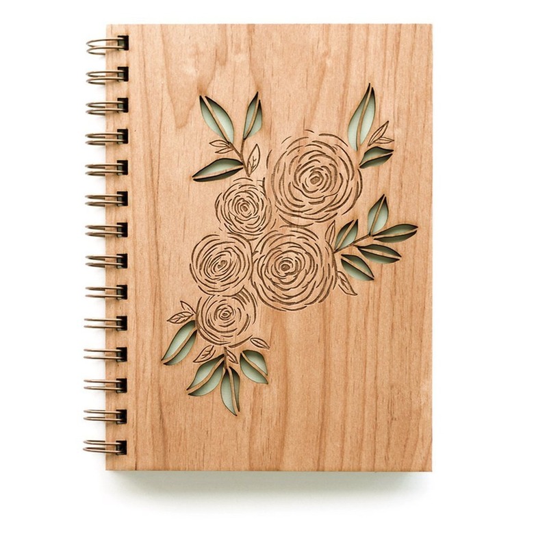 wood spiral bound journal with floral design