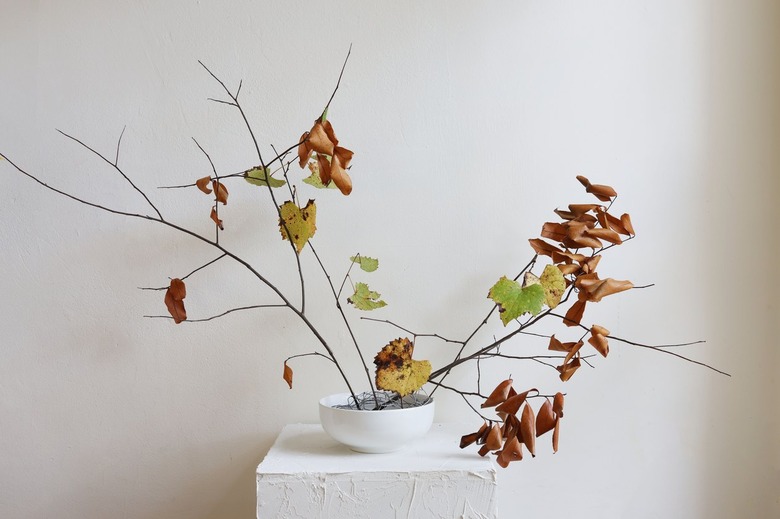 Foraged branches with brown and green leaves arranged in bowl