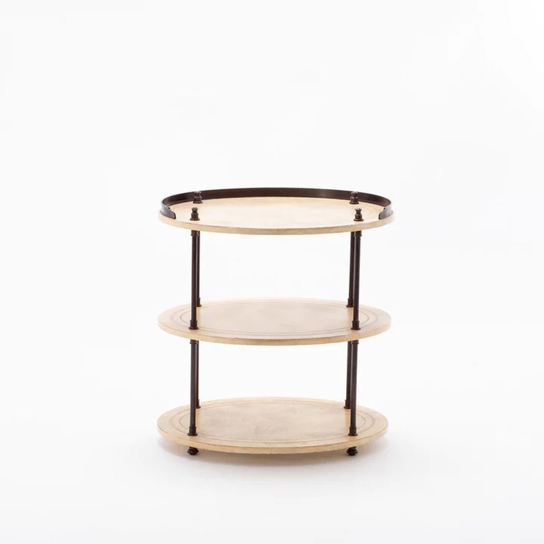 Vintage 3-Tiered Occasional Table of brass trays in white room