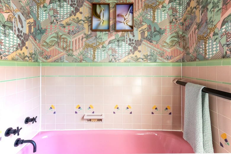 vintage tile in guest bathroom with pink bathtub