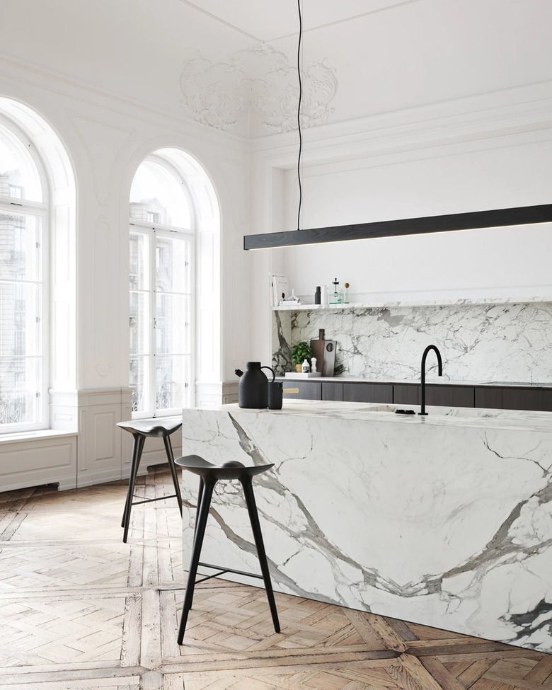 integrated marble kitchen sink in black and white modern kitchen