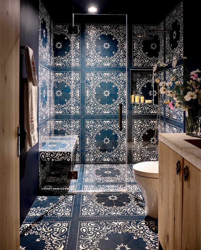 tiled maximalist bathroom