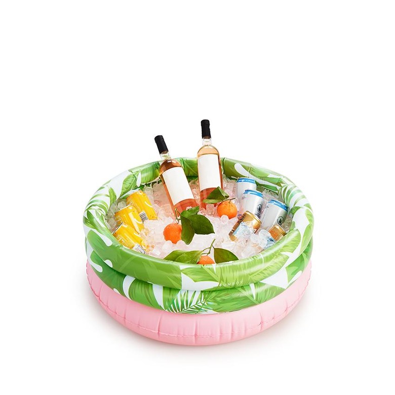 Pink and green leaf-printed inflatable drink cooler