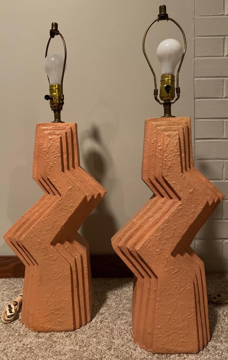 Pair Heavy Vintage '80s Memphis Style Zig Zag Table Lamps