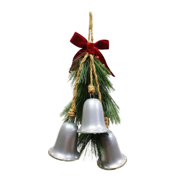Three silver bells are each attached to a small bundle of rope