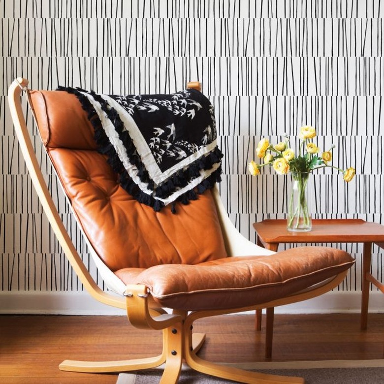 Black and white midcentury modern wallpaper with linear designs