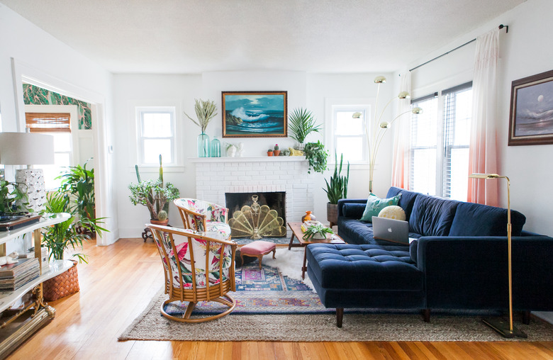 Living Room with blue velvet couch