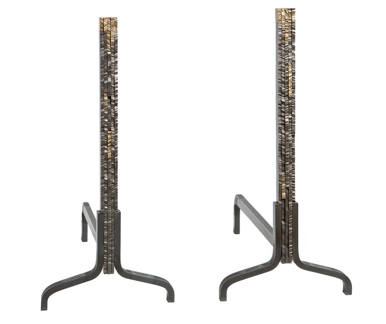 hand cut bronze and steel fireplace andirons