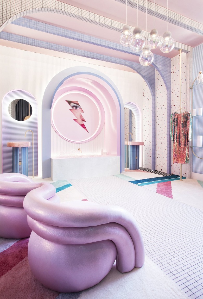 dreamy living room in pastel colors with neon details and neon strip lighting