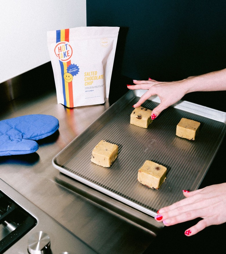 A bag of Hot Take chocolate chip cookie dough on the counter. Next to the bag