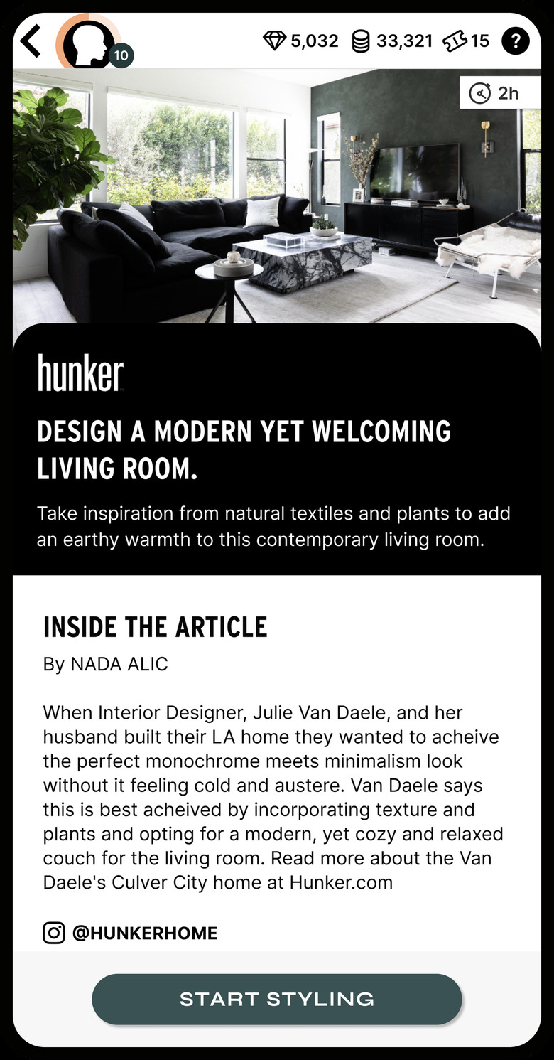 An image of an iPhone screen showing a Hunker article about a modern living room with a black couch and marble coffee table.