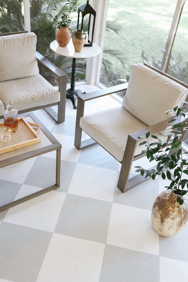 Painted harlequin floor in sunroom