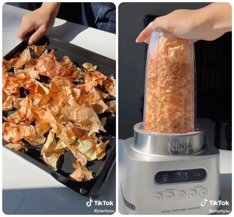 grounding up dried onion peels