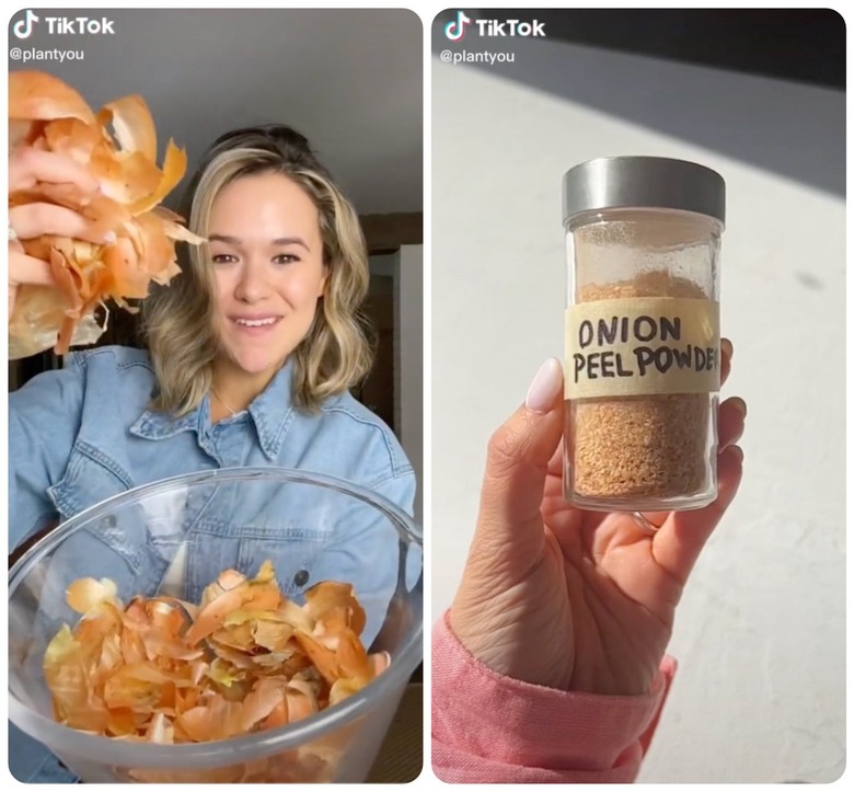 blonde woman holding onion peels